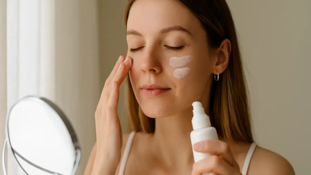 Kobieta nakłada krem z filtrem na twarz przy oknie, jasne światło dzienne, codzienna pielęgnacja