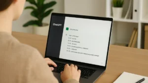 Osoba siedząca przy biurku z laptopem, na ekranie otwarte okno czatu z ChatGPT – planowanie dnia w domowym biurze