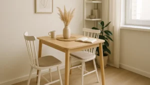 Mały, rozkładany stół w jasnym mieszkaniu, przy ścianie lub oknie, z dopasowanymi krzesłami i dodatkami