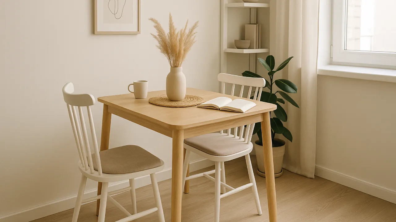 Mały, rozkładany stół w jasnym mieszkaniu, przy ścianie lub oknie, z dopasowanymi krzesłami i dodatkami