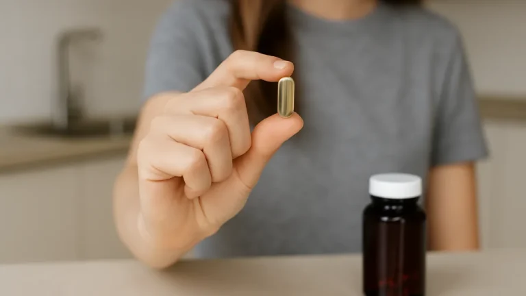 Ręka trzymająca kapsułkę suplementu na tle neutralnego wnętrza, symbolizująca wybór między zdrowiem a modą