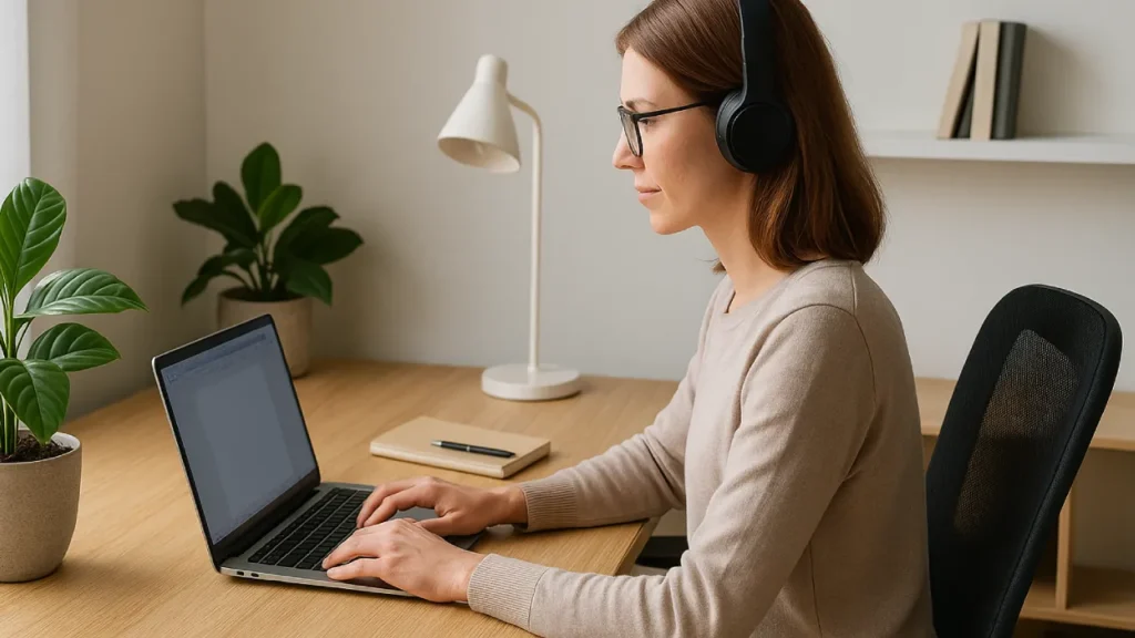 Osoba pracująca przy biurku w jasnym pomieszczeniu, z laptopem, rośliną i lampką – domowe biuro zorganizowane funkcjonalnie