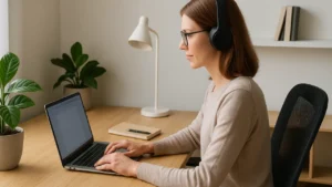 Osoba pracująca przy biurku w jasnym pomieszczeniu, z laptopem, rośliną i lampką – domowe biuro zorganizowane funkcjonalnie