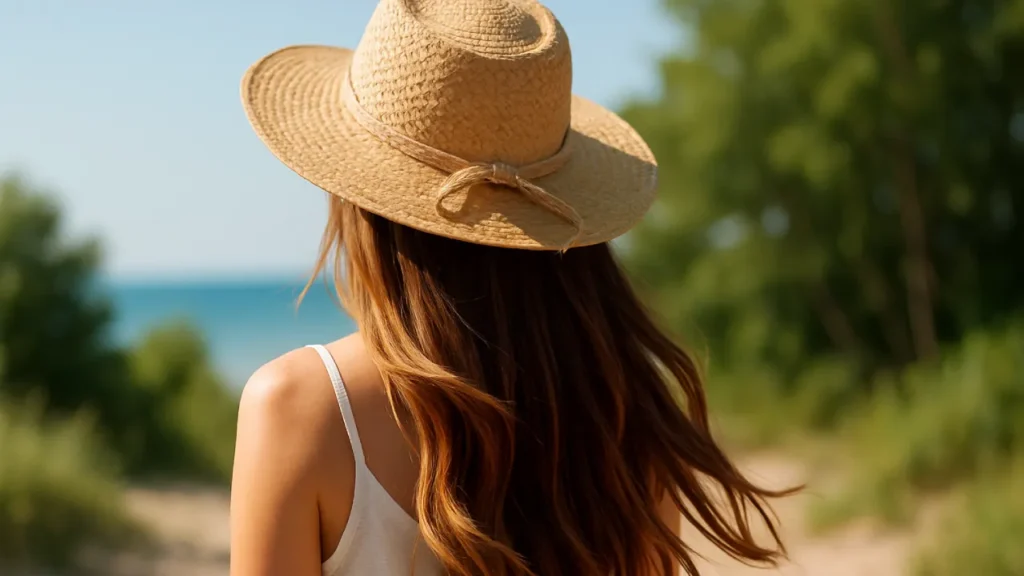 Kobieta z długimi, lśniącymi włosami w kapeluszu, stojąca na tle plaży w słoneczny dzień