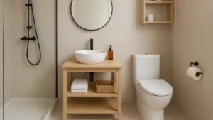 Mała, schludna łazienka z kabiną typu walk-in, jasnym lustrem i prostym regałem pod umywalką – wszystko w stylu niskobudżetowym