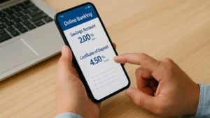 Zbliżenie na ekran telefonu z widokiem konta oszczędnościowego i lokaty, dłonie przeglądające ofertę banku