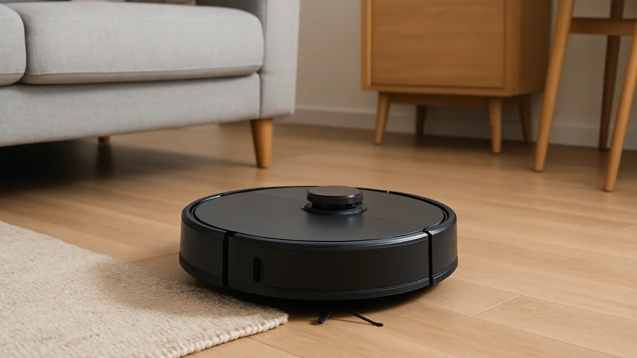 Robot sprzątający w nowoczesnym mieszkaniu, w trakcie pracy przy meblach i dywanie