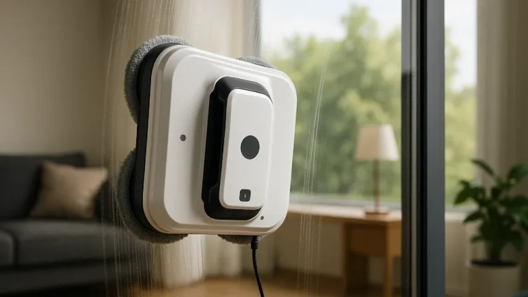 Nowoczesny robot do mycia okien w trakcie pracy na dużym przeszkleniu