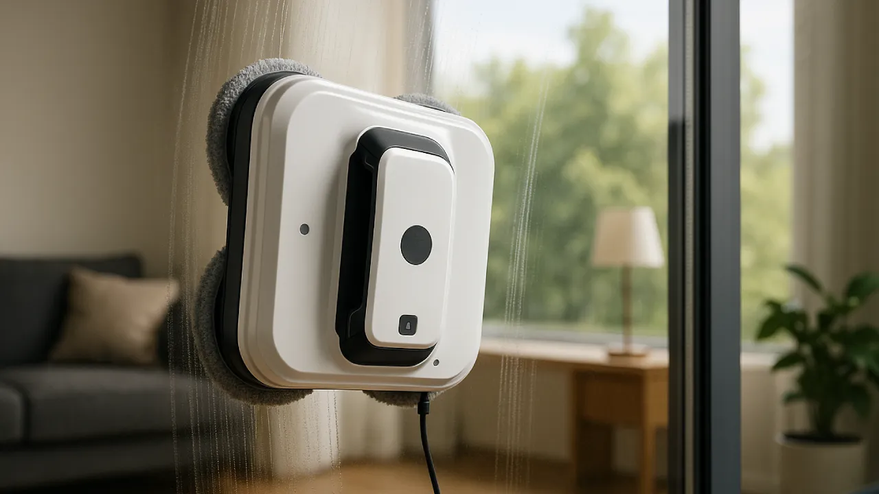 Nowoczesny robot do mycia okien w trakcie pracy na dużym przeszkleniu