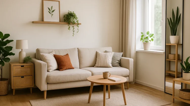 Wnętrze małego mieszkania z jasną sofą, dużym lustrem i roślinami doniczkowymi, zaprojektowane w funkcjonalnym stylu