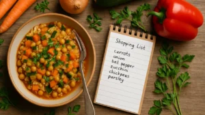 Tanie, domowe danie jednogarnkowe na stole – warzywa, kasza, zioła, obok lista zakupów i tanie składniki