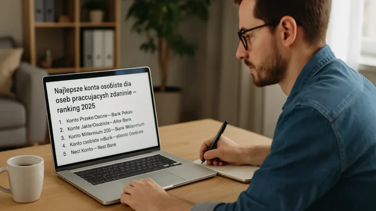 Osoba pracująca zdalnie przy laptopie porównująca oferty kont bankowych – ekran z rankingiem, spokojna przestrzeń do pracy