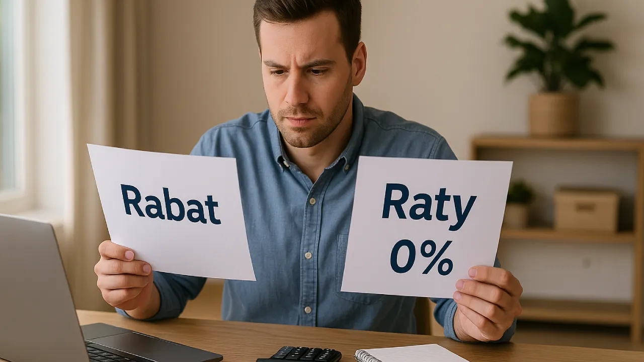 Konsument porównujący dwie opcje płatności – rabat i raty 0%, siedzący z laptopem i kalkulatorem