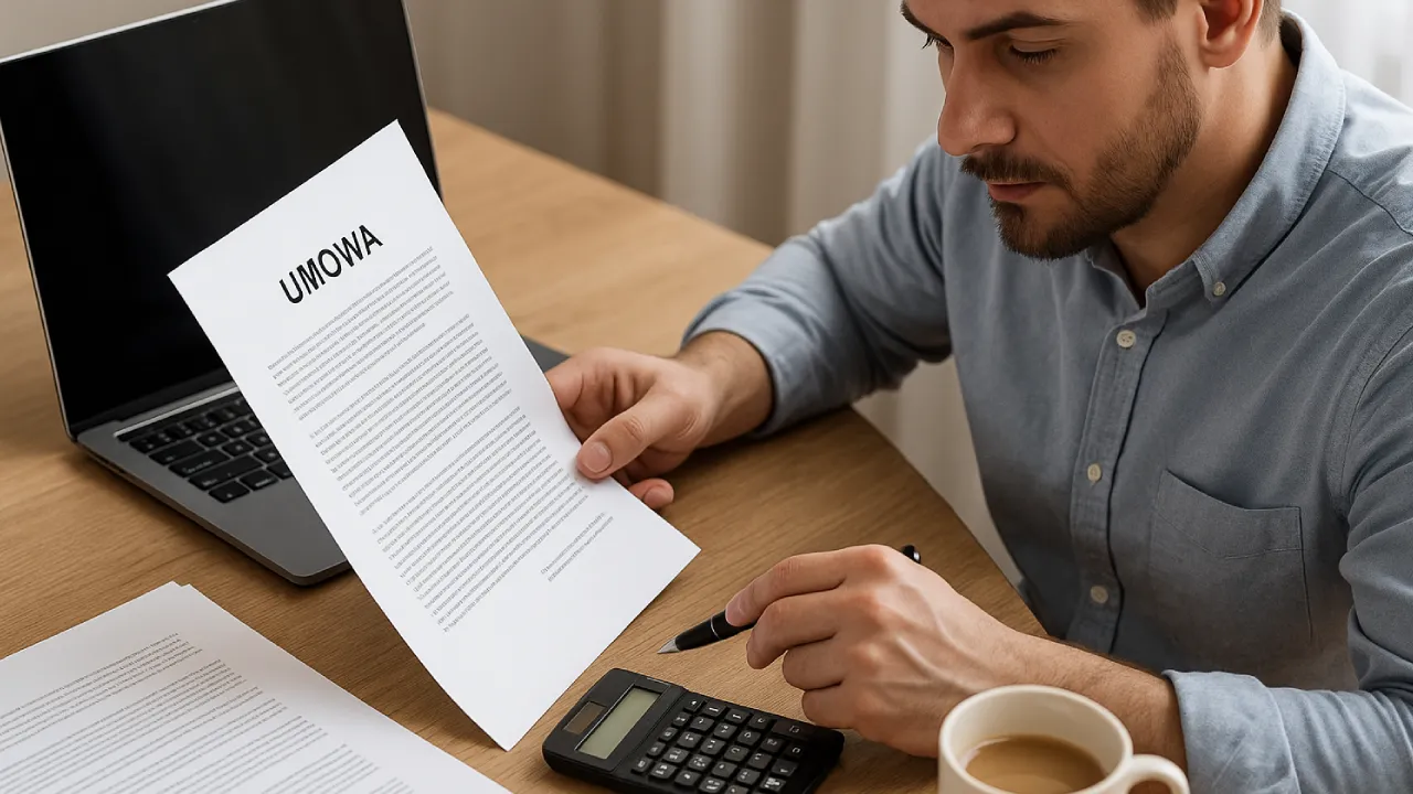 Osoba analizująca dokumenty kredytowe przy laptopie, kalkulator i długopis w ręku, skupiona atmosfera