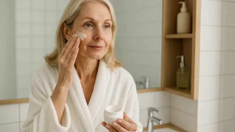 Kobieta po 40. roku życia nakładająca krem na dzień w łazience – spokojna atmosfera, naturalne światło, domowa pielęgnacja