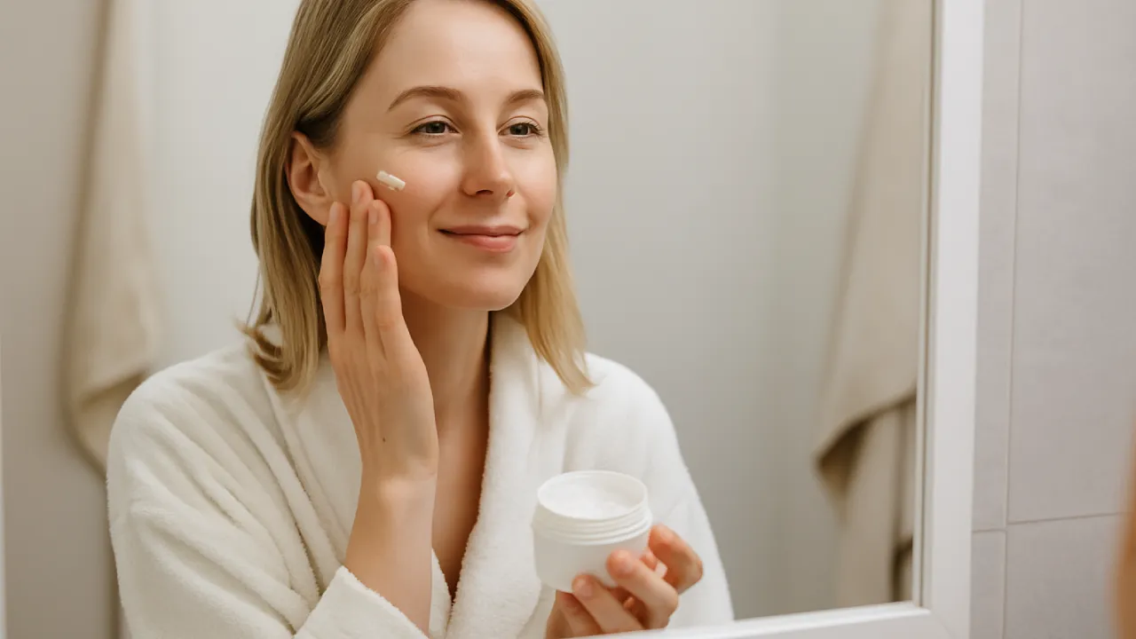 Kobieta po 35. roku życia nakładająca krem przy lustrze, spokojna atmosfera, codzienna pielęgnacja