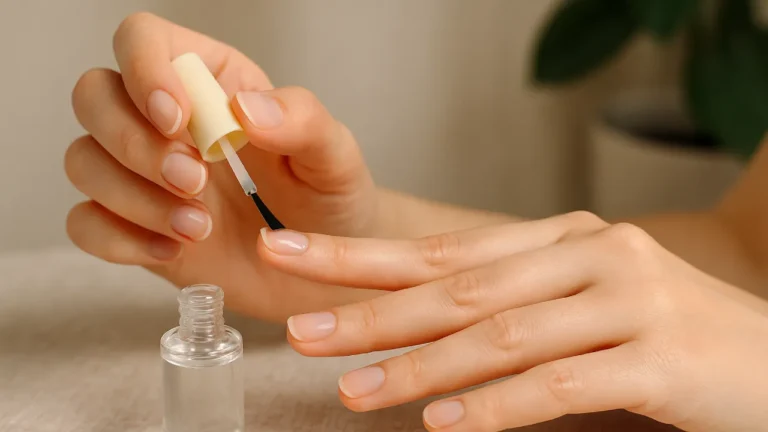 Kobieta trzymająca buteleczkę odżywki do paznokci, zadbane dłonie, tło w naturalnych barwach