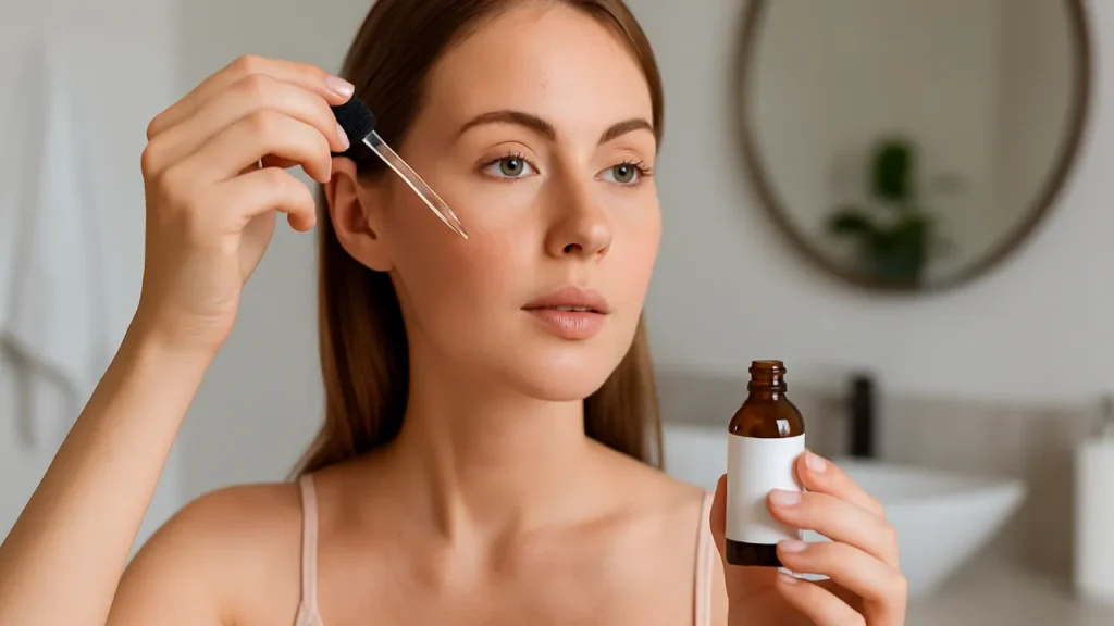 Kobieta nakładająca serum z pipety na twarz w domowej łazience – naturalne światło, delikatna pielęgnacja