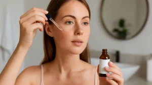 Kobieta nakładająca serum z pipety na twarz w domowej łazience – naturalne światło, delikatna pielęgnacja
