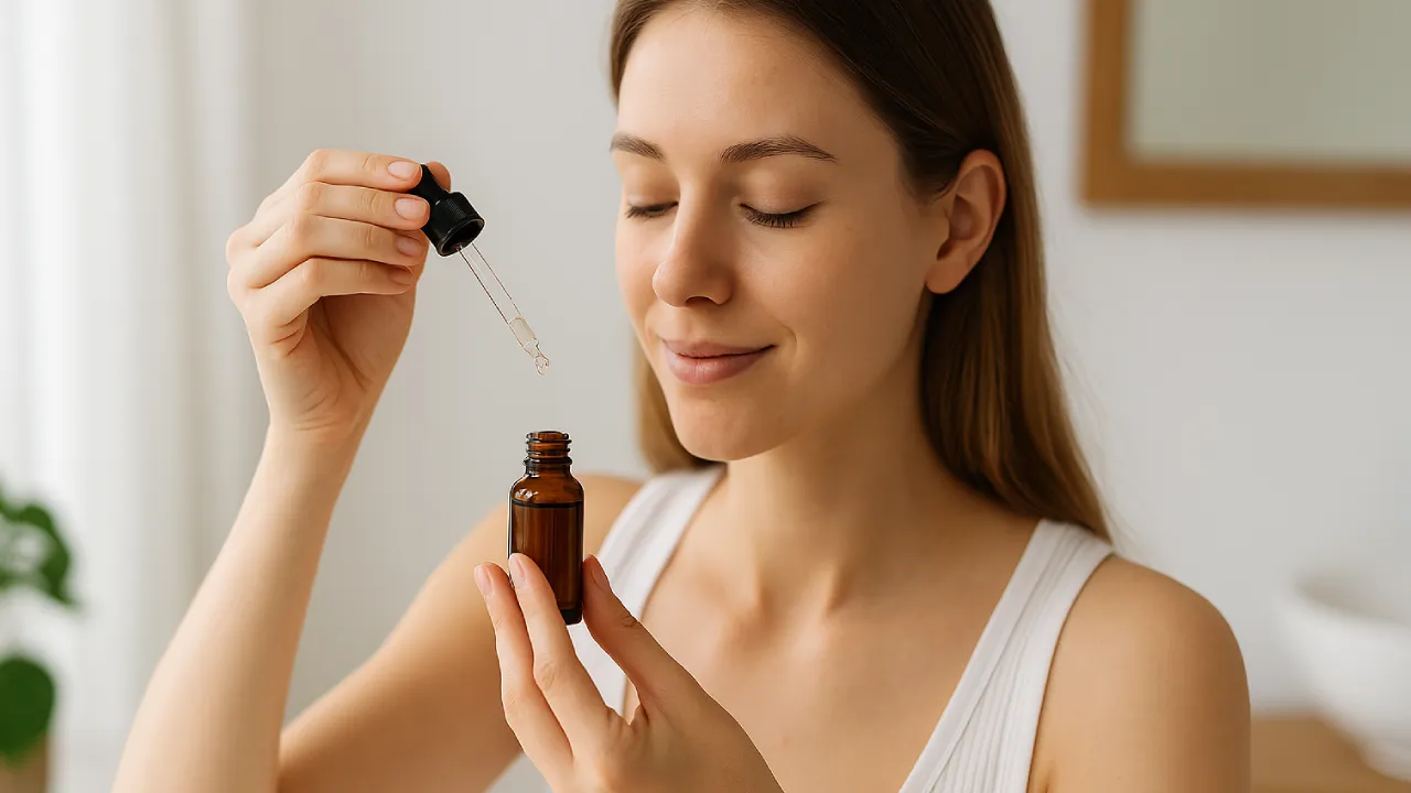 Zbliżenie na dłoń z pipetą i serum z witaminą C, naturalne światło, spokojne wnętrze