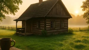 Rustykalny dom wśród zieleni z poranną mgłą, cisza, wiejski klimat i relaks z kubkiem kawy na tarasie