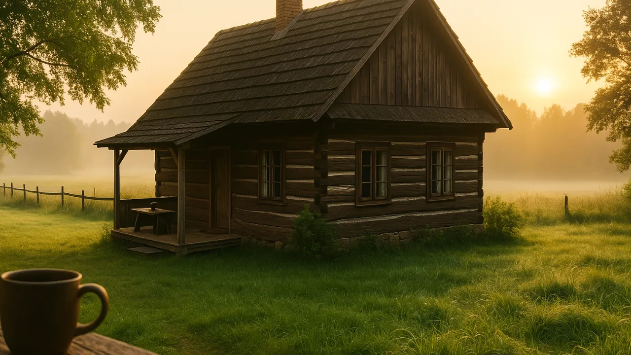 Rustykalny dom wśród zieleni z poranną mgłą, cisza, wiejski klimat i relaks z kubkiem kawy na tarasie