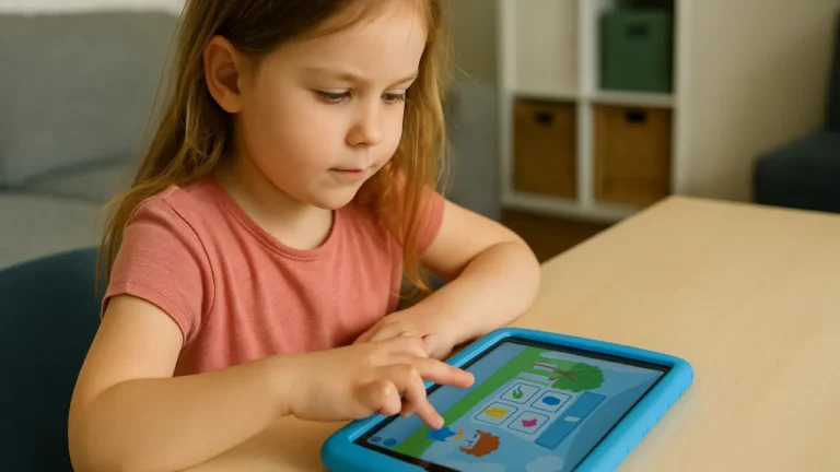 Dziecko trzymające tablet w kolorowym etui, siedzące przy stole, ekran pokazuje aplikację edukacyjną