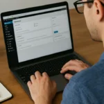 Administrator pracujący przy laptopie z otwartym panelem WordPress, notatnik i kawa na biurku