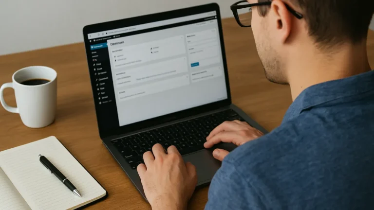 Administrator pracujący przy laptopie z otwartym panelem WordPress, notatnik i kawa na biurku