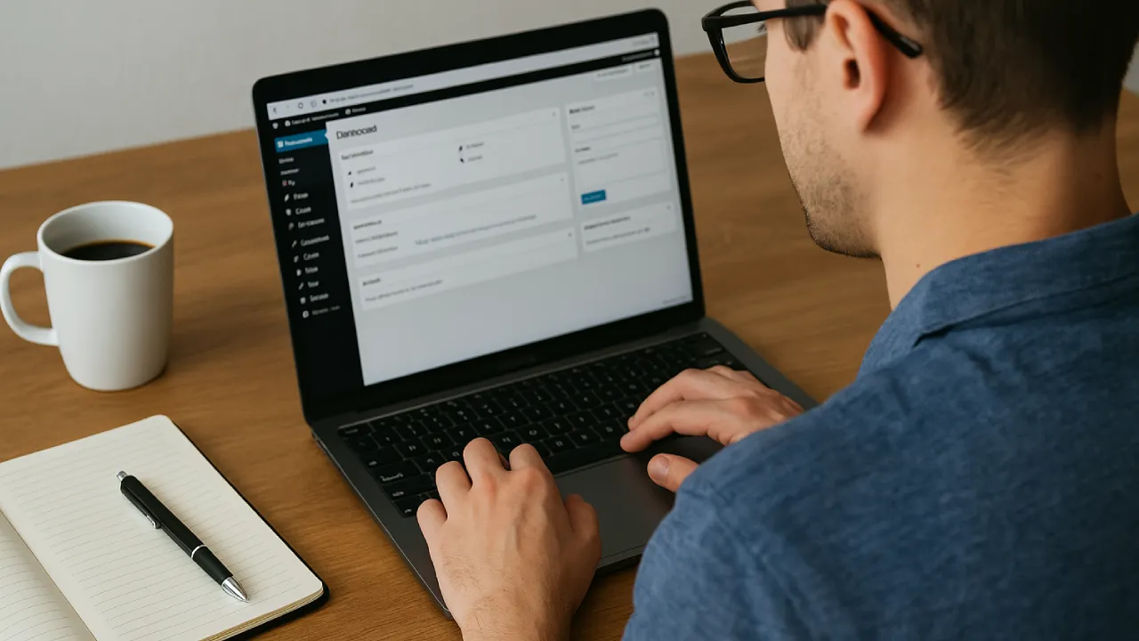 Administrator pracujący przy laptopie z otwartym panelem WordPress, notatnik i kawa na biurku