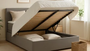 Nowoczesna sypialnia z łóżkiem z pojemnikiem i skrzynią do przechowywania – jasna, spokojna aranżacja