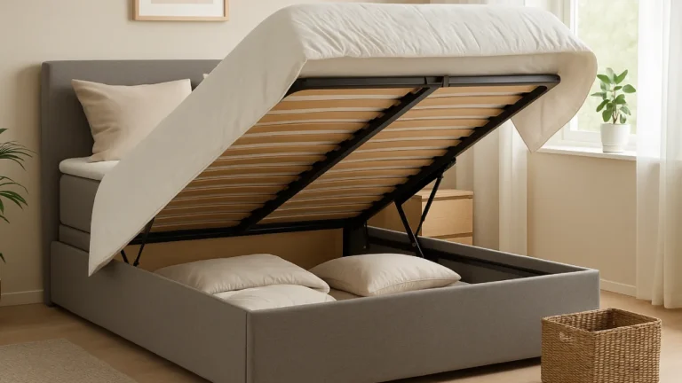 Nowoczesna sypialnia z łóżkiem z pojemnikiem i skrzynią do przechowywania – jasna, spokojna aranżacja