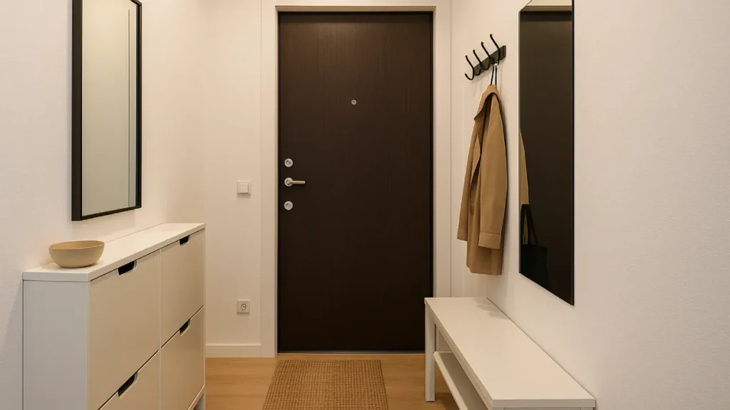 Nowoczesny, jasny przedpokój z lustrem, wąską szafką i oświetleniem LED – minimalistyczny i praktyczny
