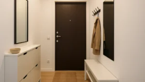 Nowoczesny, jasny przedpokój z lustrem, wąską szafką i oświetleniem LED – minimalistyczny i praktyczny