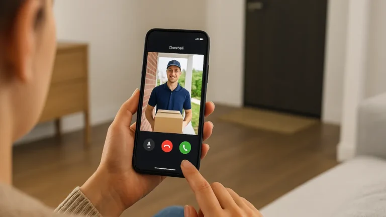 Osoba patrząca na ekran smartfona z podglądem z wideodomofonu, nowoczesne wnętrze, spokój i kontrola