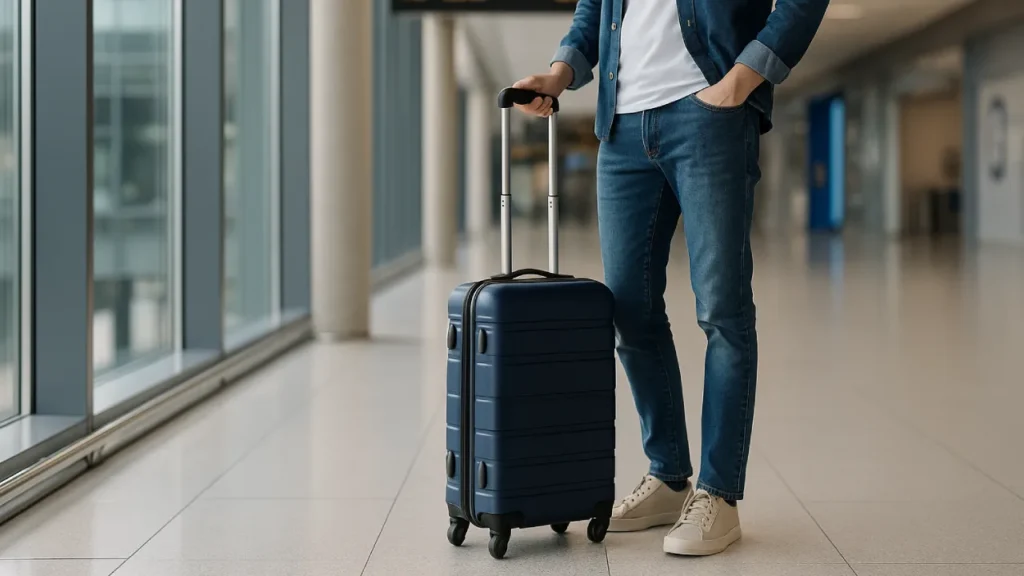 Podróżny z walizką kabinową na lotnisku, jasne wnętrze, widoczna tablica odlotów w tle
