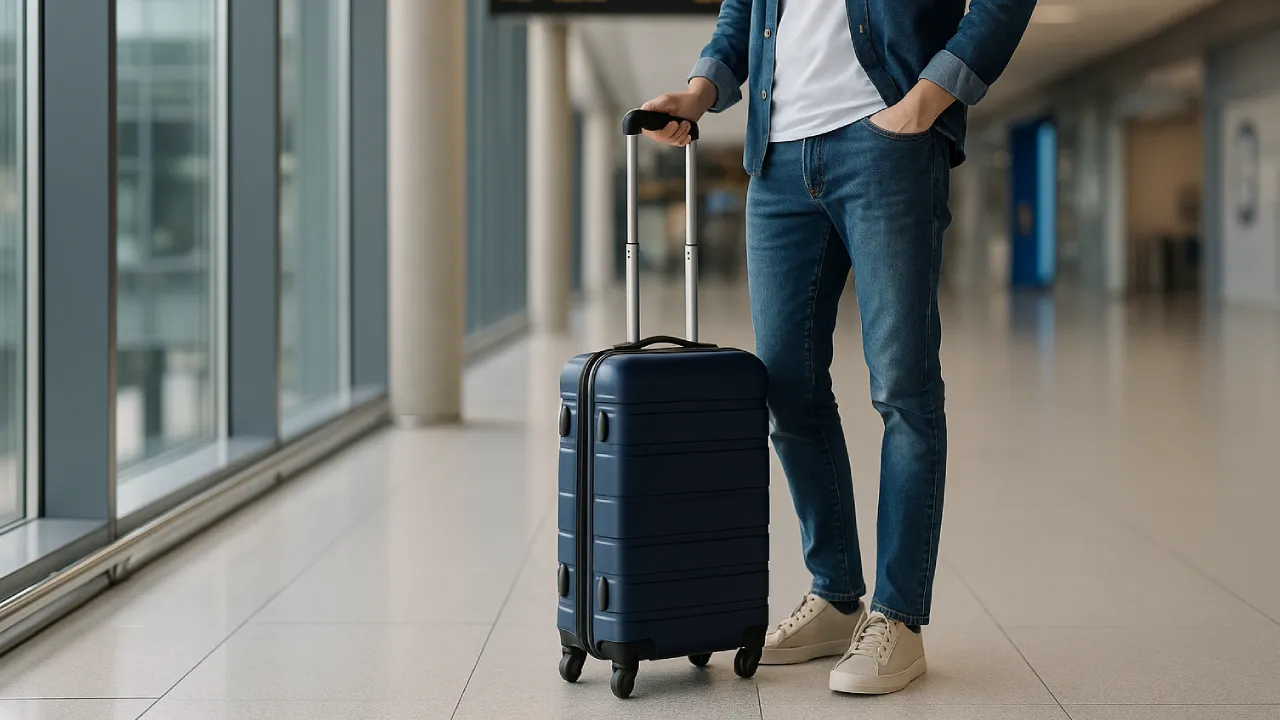 Podróżny z walizką kabinową na lotnisku, jasne wnętrze, widoczna tablica odlotów w tle