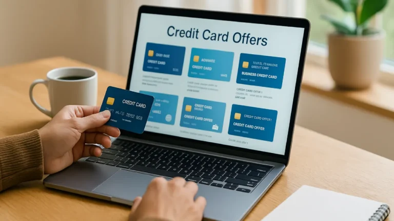 Osoba siedząca przy laptopie porównująca oferty kart kredytowych – spokojne wnętrze, obok kawa i notatnik