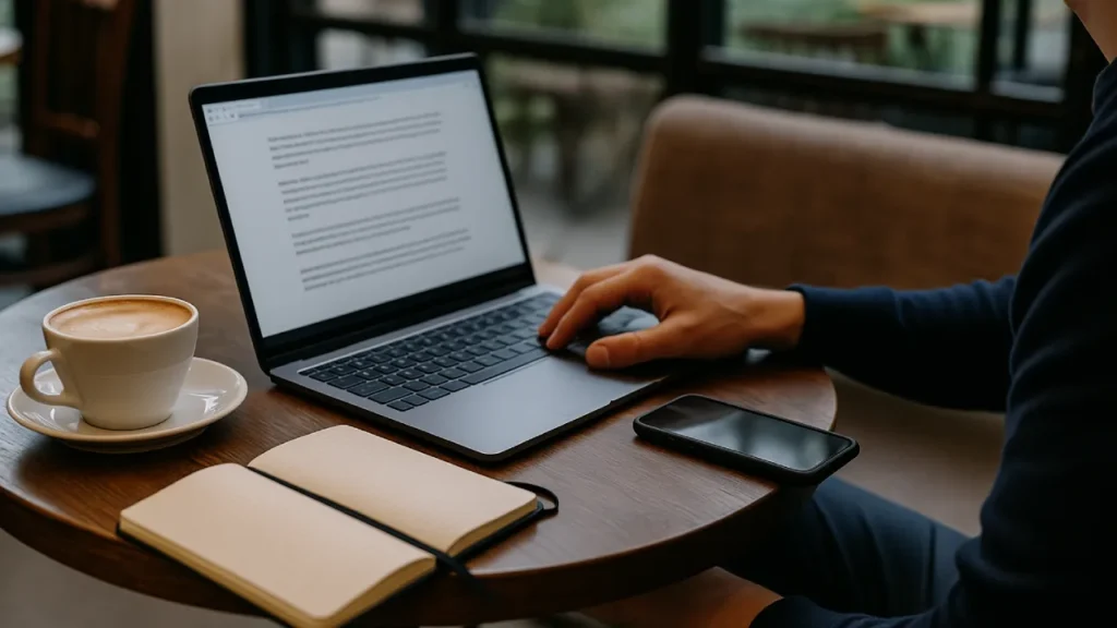 Osoba pracująca z laptopem na stoliku w kawiarni lub w pociągu – ekran otwarty, naturalne światło, otwarty notatnik obok