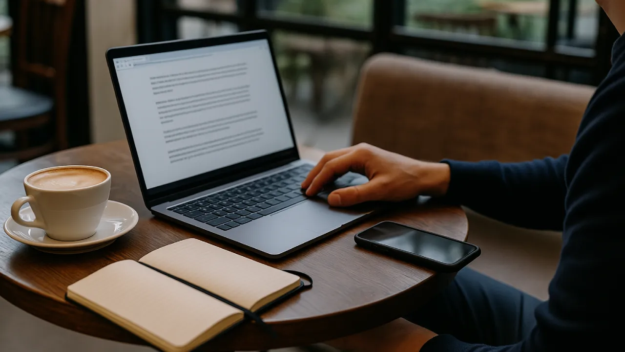 Osoba pracująca z laptopem na stoliku w kawiarni lub w pociągu – ekran otwarty, naturalne światło, otwarty notatnik obok