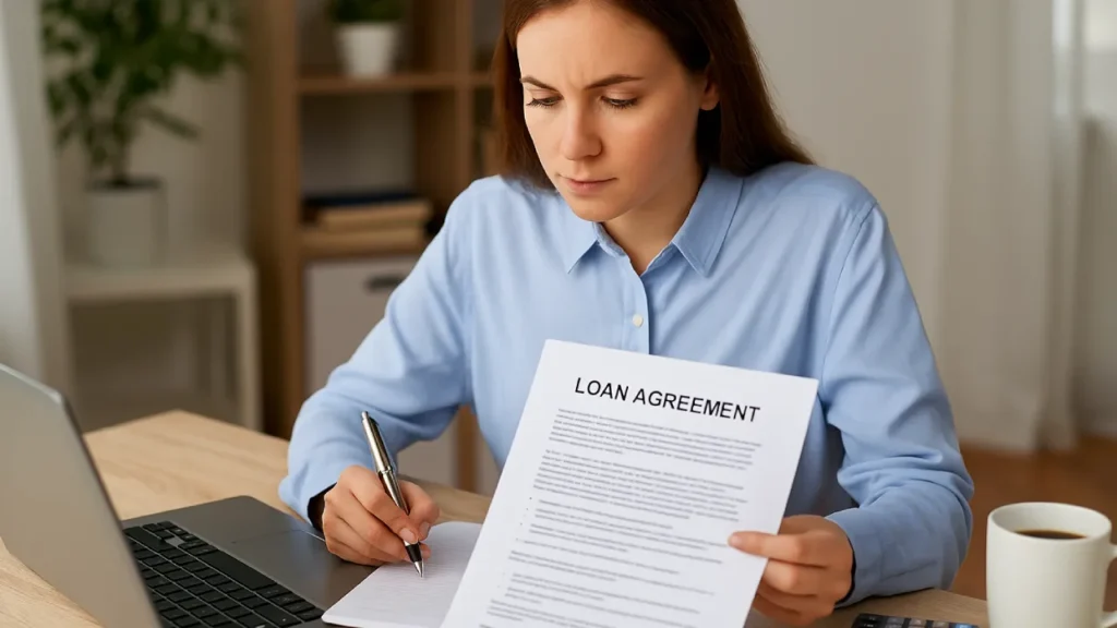 Osoba czytająca umowę kredytową przy biurku z laptopem i kalkulatorem, skupiona atmosfera