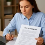 Osoba czytająca umowę kredytową przy biurku z laptopem i kalkulatorem, skupiona atmosfera