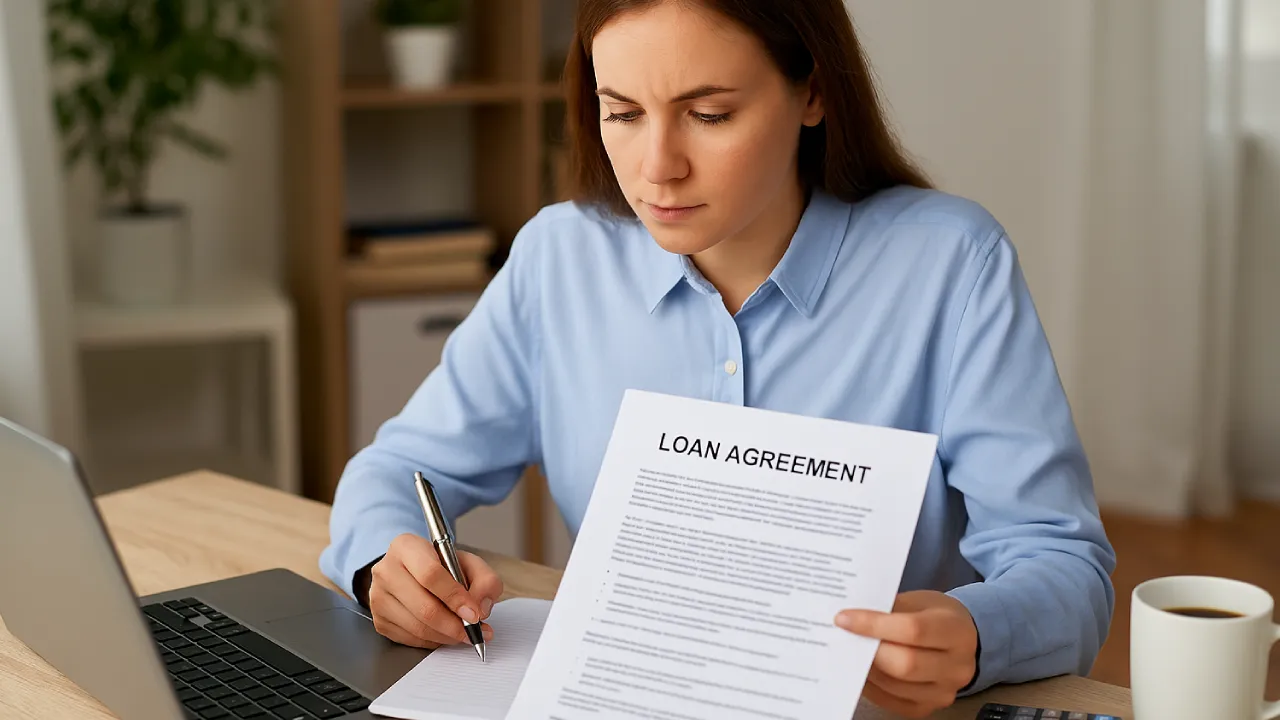 Osoba czytająca umowę kredytową przy biurku z laptopem i kalkulatorem, skupiona atmosfera