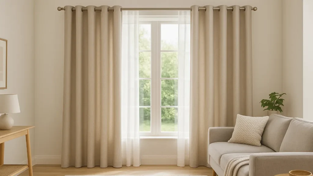 Mały, jasny salon z długimi zasłonami do podłogi, jasne kolory, spokojna atmosfera, przytulne wnętrze