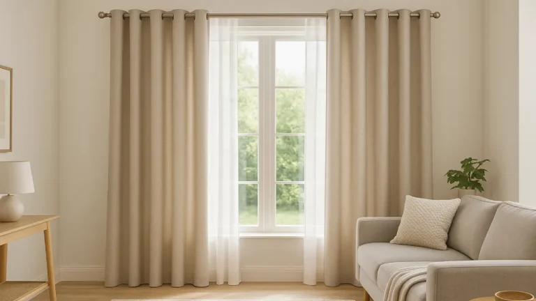 Mały, jasny salon z długimi zasłonami do podłogi, jasne kolory, spokojna atmosfera, przytulne wnętrze