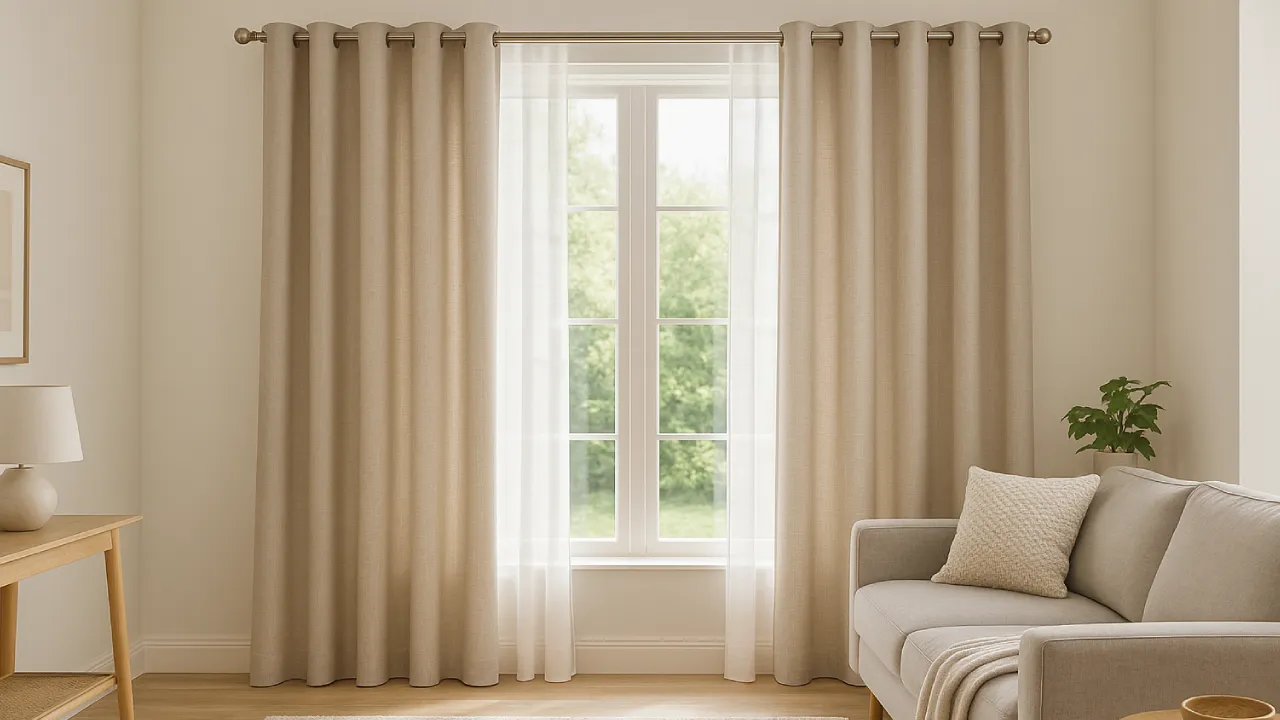 Mały, jasny salon z długimi zasłonami do podłogi, jasne kolory, spokojna atmosfera, przytulne wnętrze
