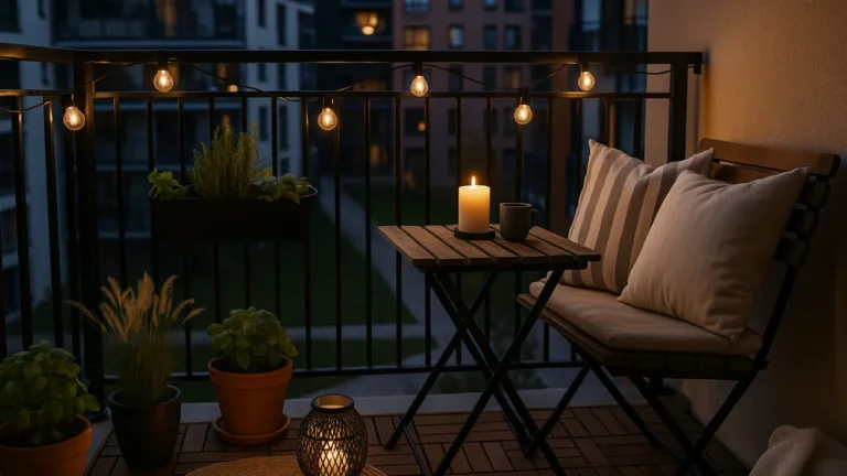 Mały balkon w bloku z drewnianą podłogą, lampkami LED, ziołami w doniczkach i poduszkami na krzesłach – przytulne miejsce do relaksu