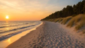 Pusta plaża nad Bałtykiem o zachodzie słońca, bez ludzi, z naturalnymi wydmami i czystym piaskiem