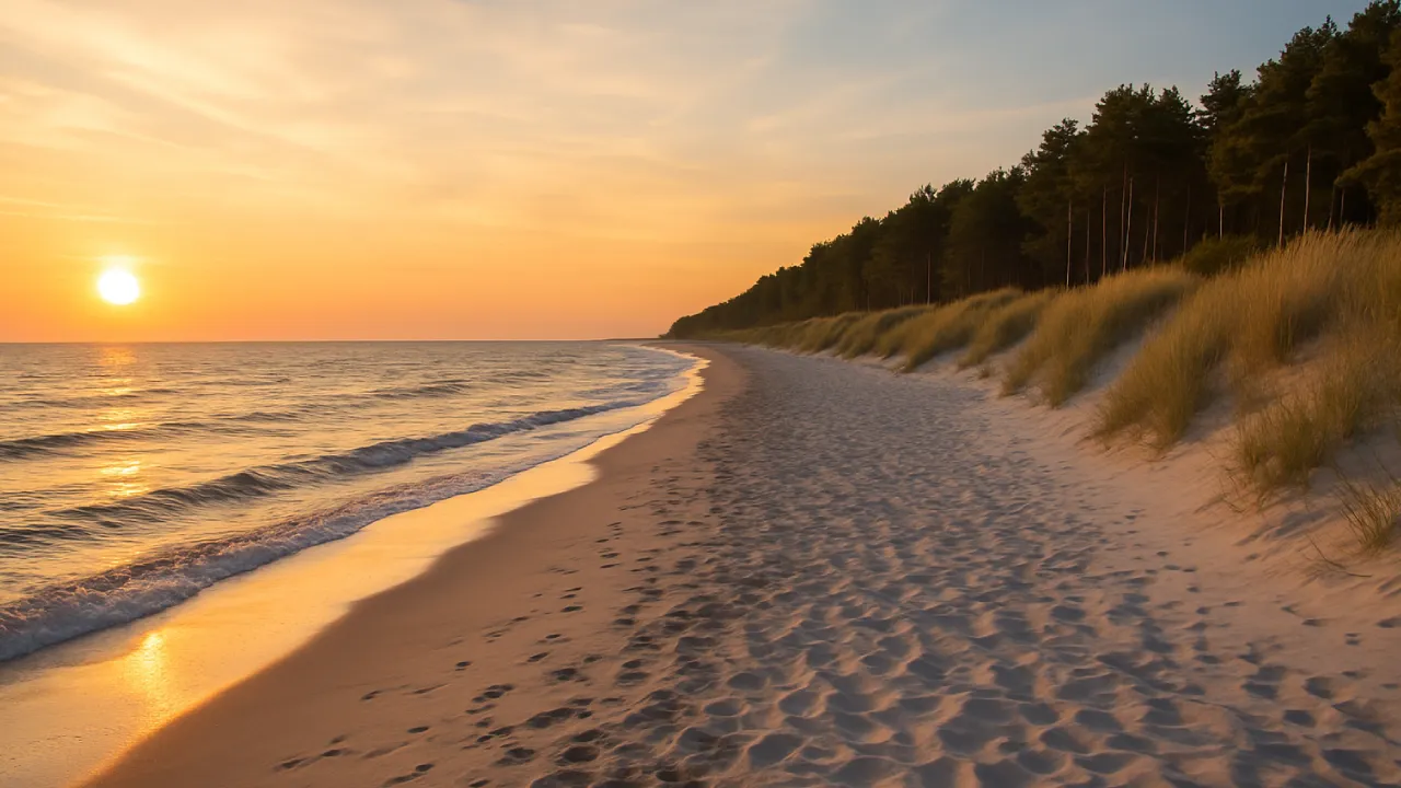 Pusta plaża nad Bałtykiem o zachodzie słońca, bez ludzi, z naturalnymi wydmami i czystym piaskiem