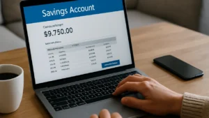 Laptop z otwartym kontem bankowym, obok kubek kawy i telefon – codzienne zarządzanie oszczędnościami